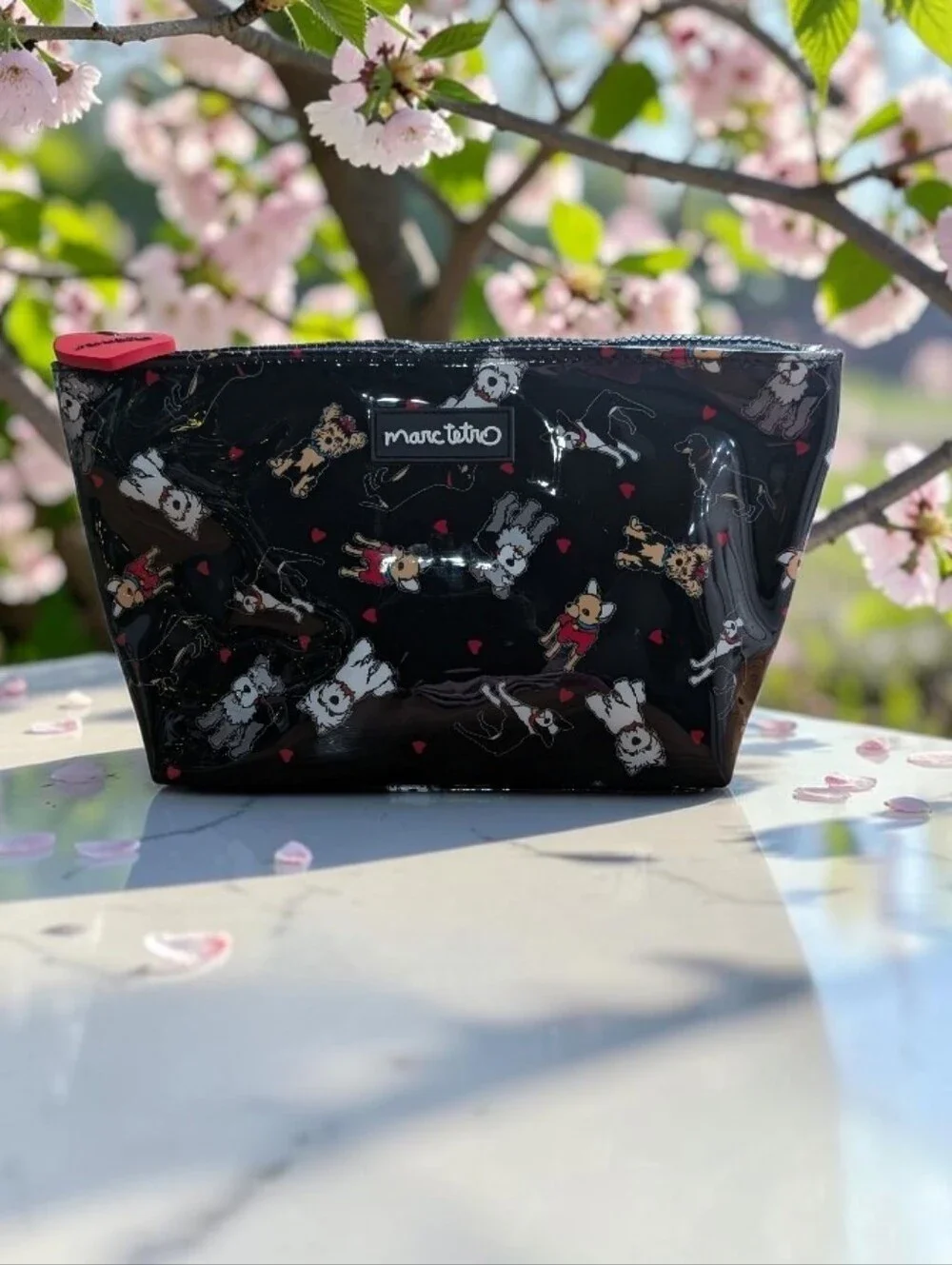 NWT Marc Tetro Black Patent Vinyl Cosmetic Pouch with Dog Print